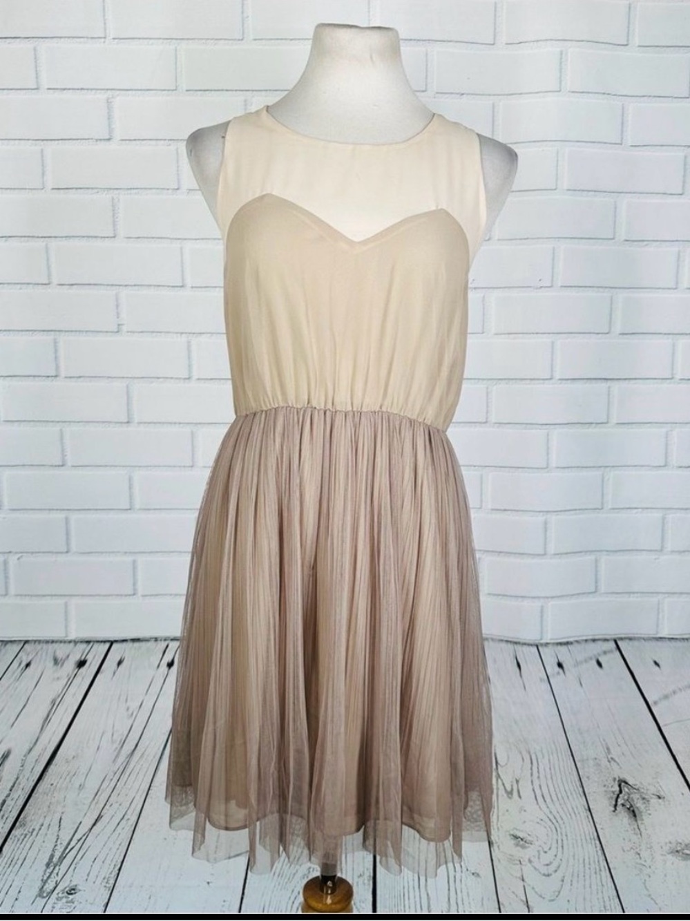 Lush Grey and Taupe Midi Dress with Tulle Overlay